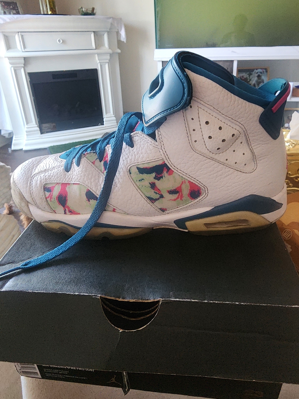 Air Jordan Kids White Teal Floral Accent Basketball Shoes